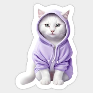 White British shorthair cat wearing purple hoodie Sticker